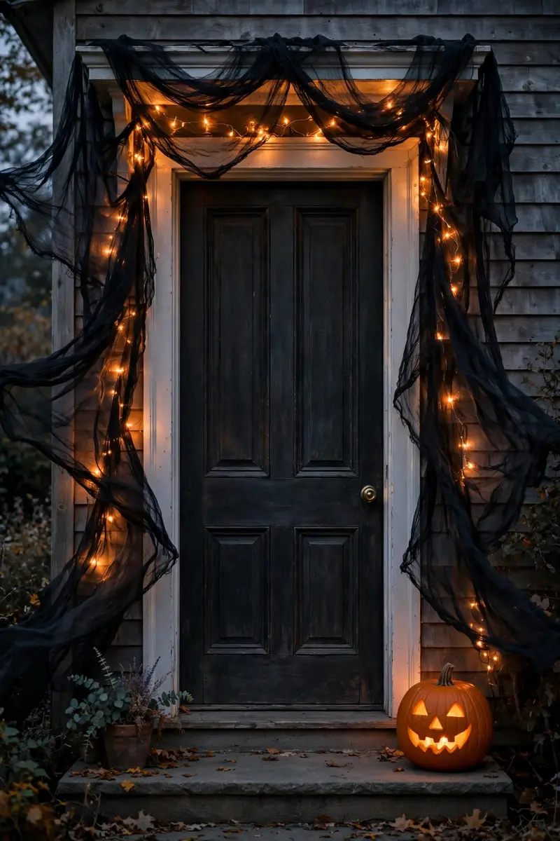 Black gauze creepy cloth draped around a door frame with fairy lights