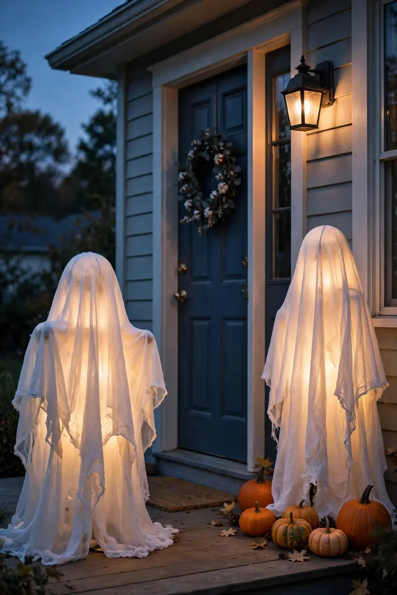 Pair of glowing ghost decorations flanking a front door at dusk
