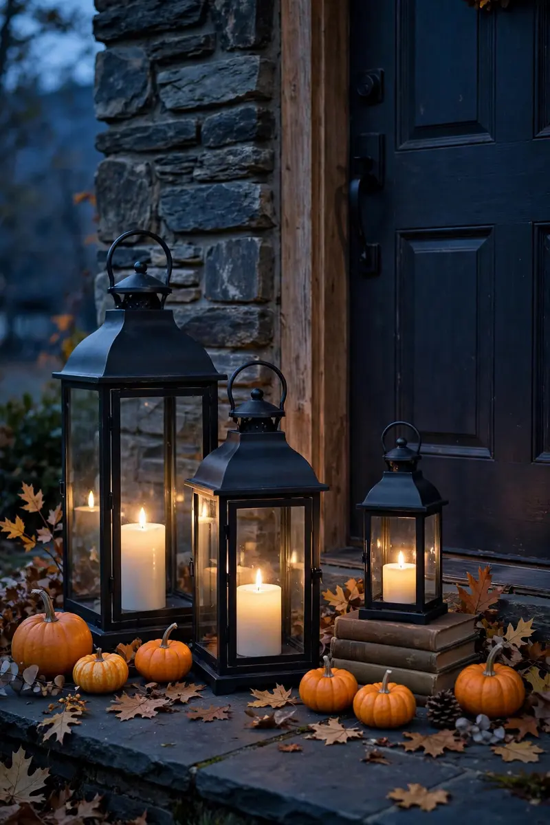 Black metal lanterns of varying heights beside a front door