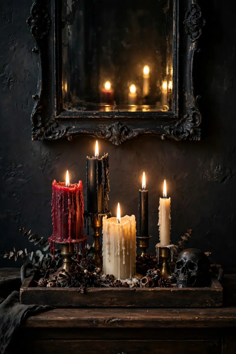 Eerie candle cluster on a foyer console table