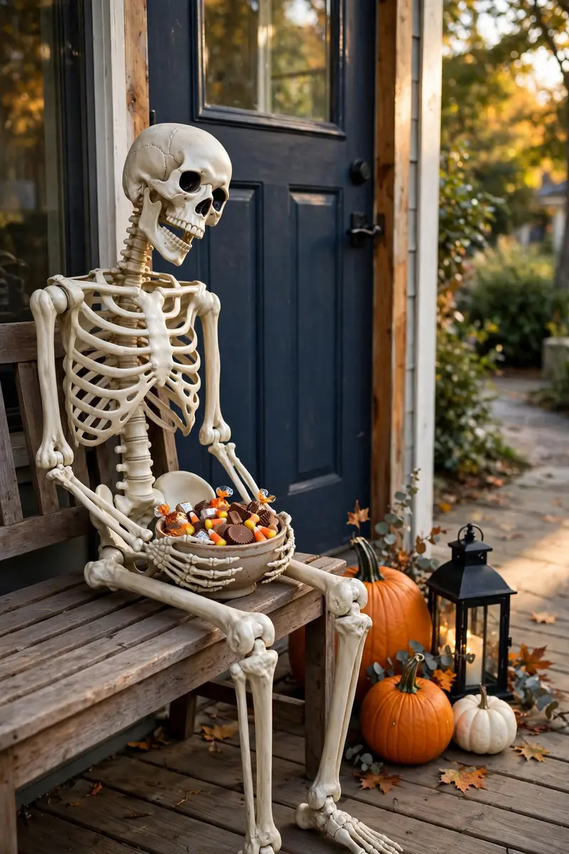 Skeleton greeter holding a candy bowl on a porch bench
