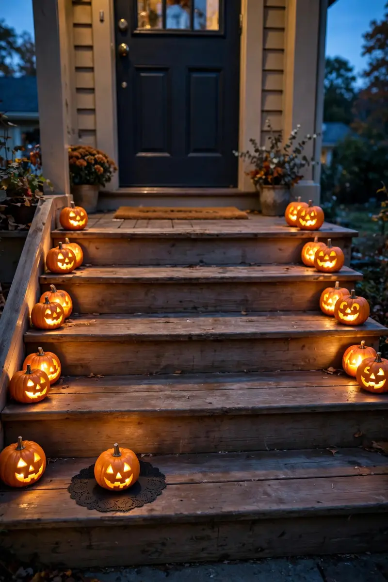 Mini jack-o'-lanterns lining porch steps