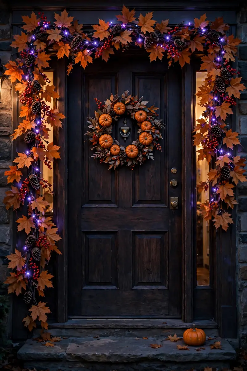 Purple fairy lights woven through fall garland on a door frame