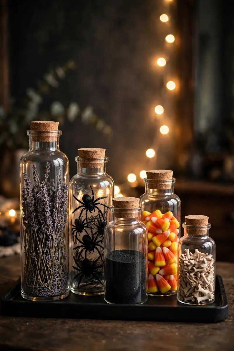 Spooky apothecary potion jars on an entry table