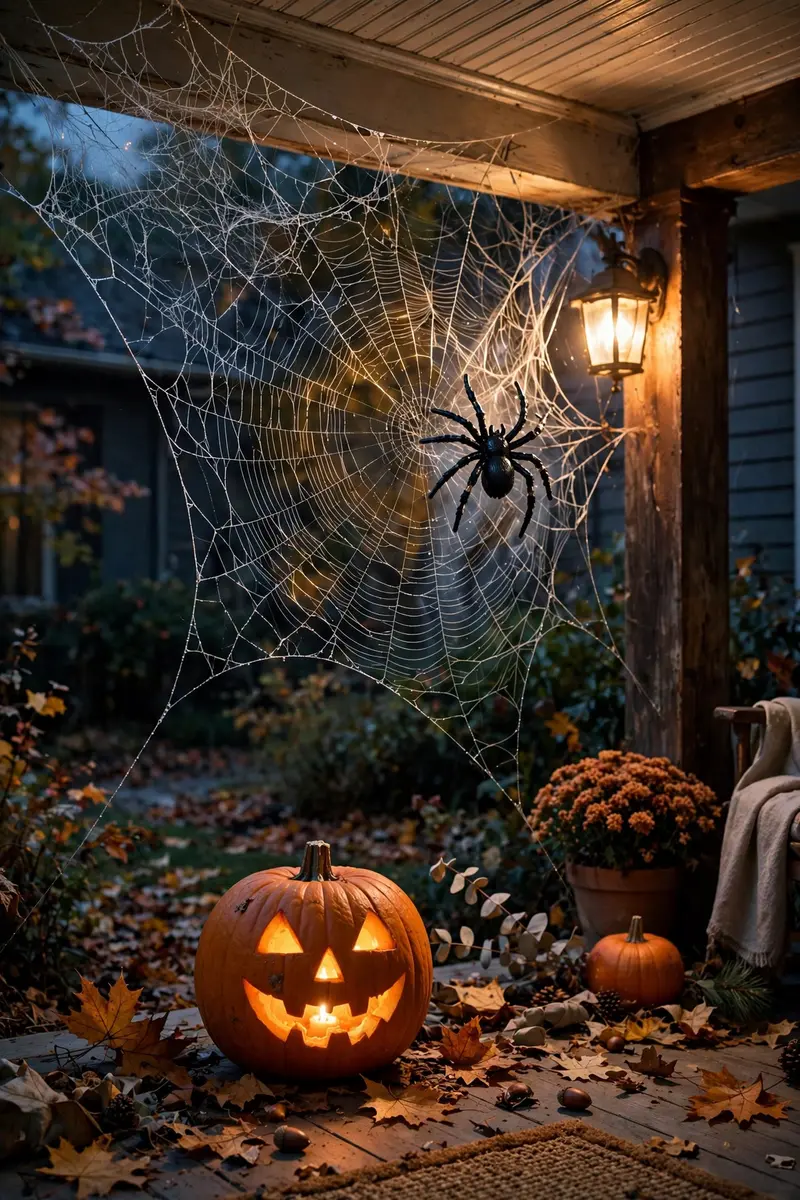 Giant spiderweb stretched across a porch corner with spider