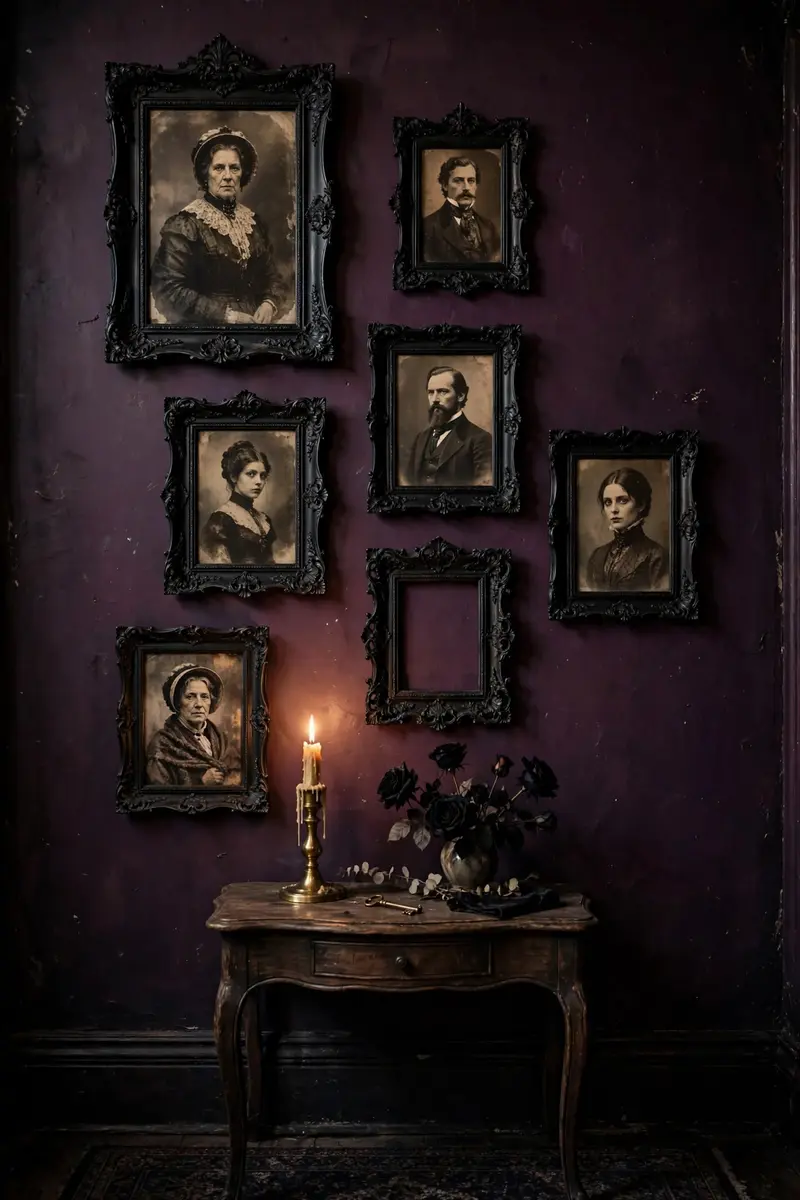 Eerie portrait gallery wall in an entryway