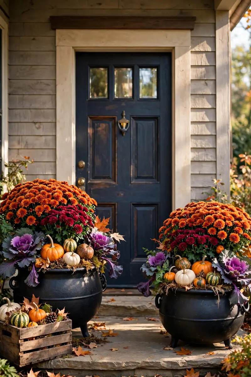 Halloween mums in black cauldron planters by a door
