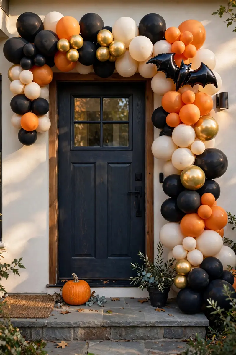 Balloon garland arch in black, orange and gold over a front door