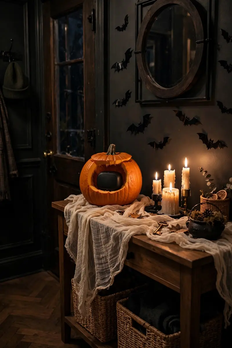 Hidden speaker in a pumpkin for spooky foyer sounds
