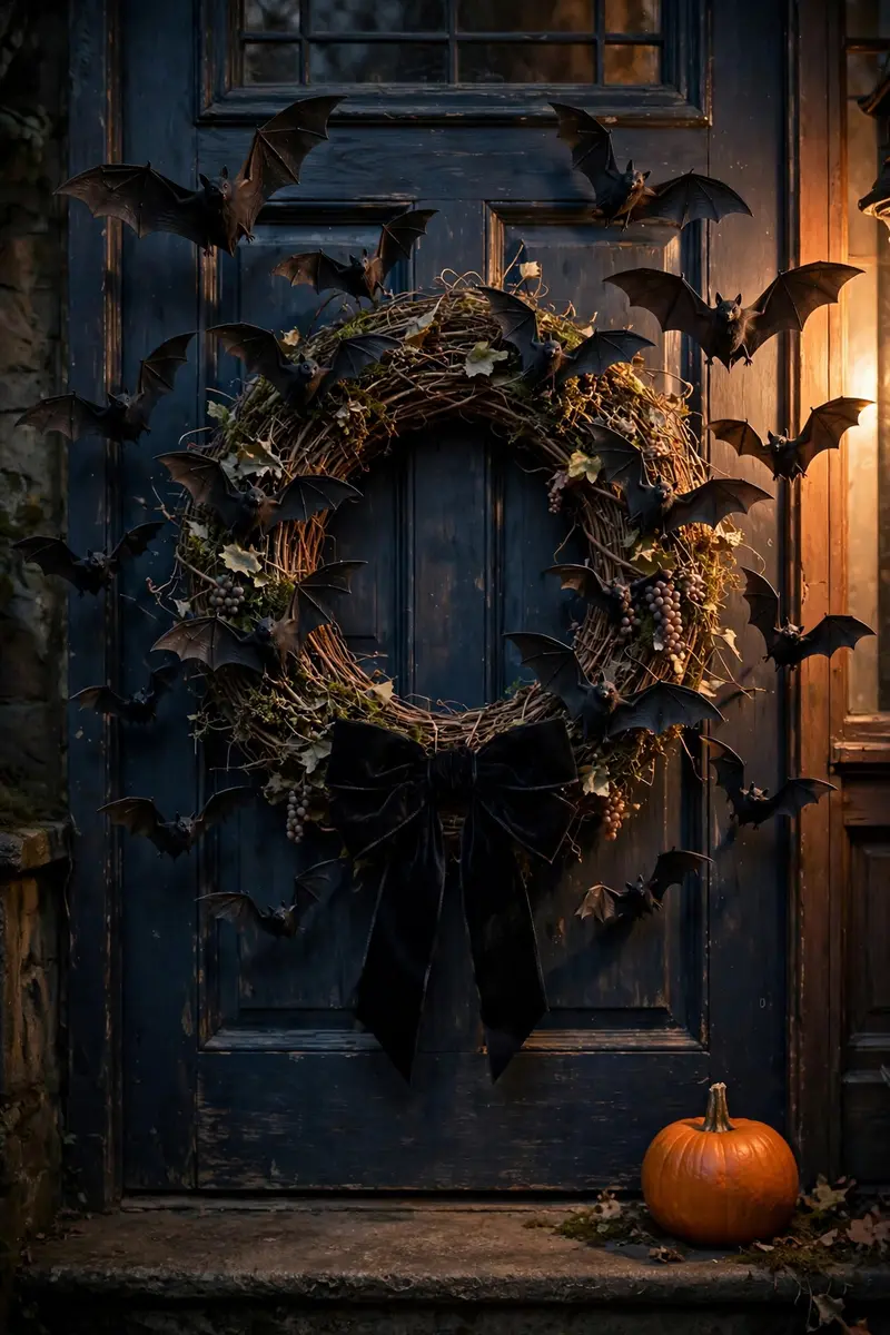 Bat-swarm grapevine wreath on a front door