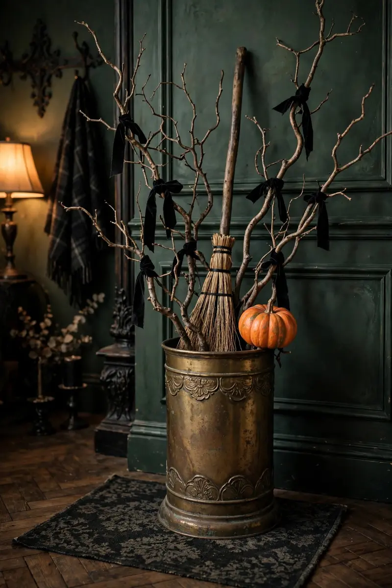 Halloween umbrella stand with twisted branches and broom