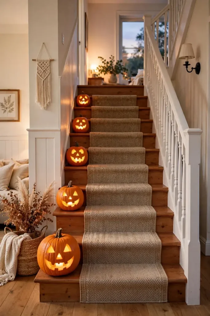 Halloween staircase decor ideas with glowing jack-o'-lanterns lined on every step