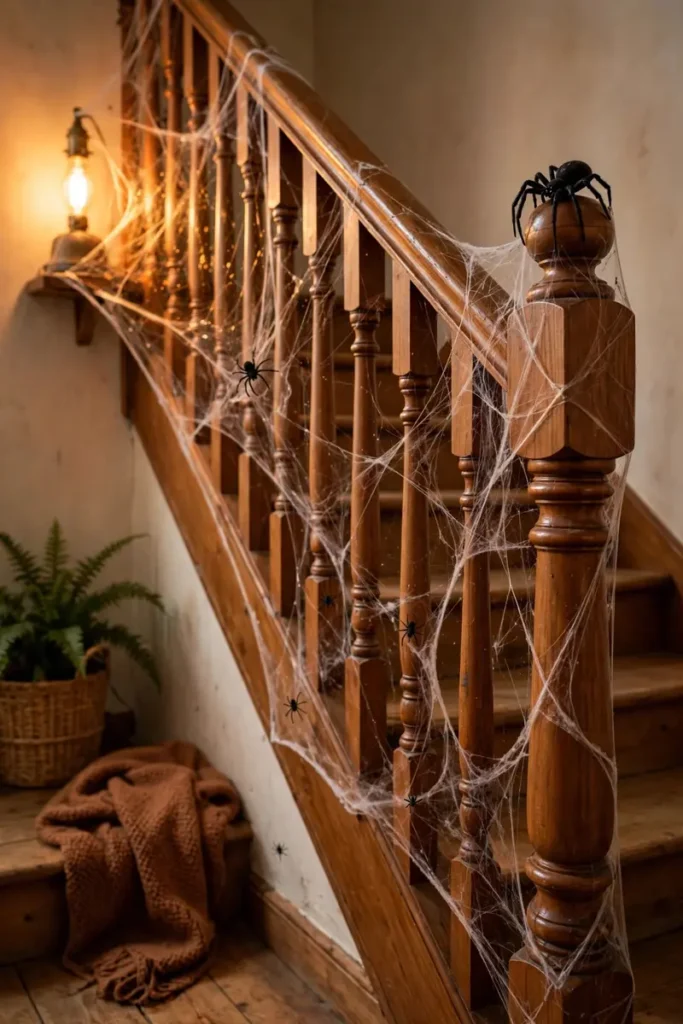 Spiderweb draped banister with a giant black spider on the newel post