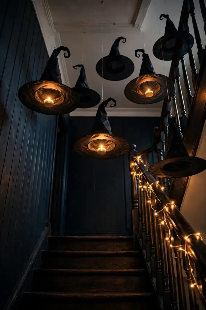 Witch hats hanging at staggered heights over a dark stairwell