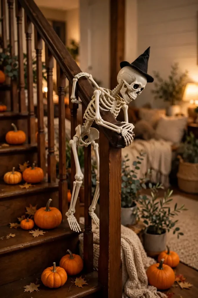 Posable skeleton climbing over a staircase banister wearing a witch hat
