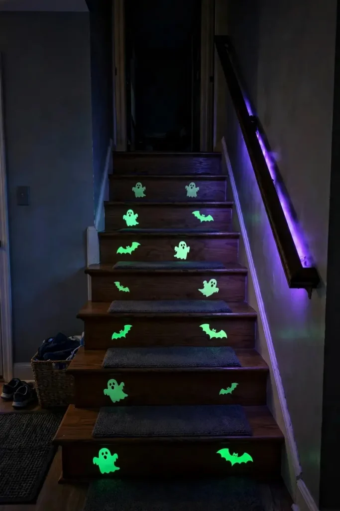 Glow-in-the-dark ghost and bat decals on stair risers under blacklight