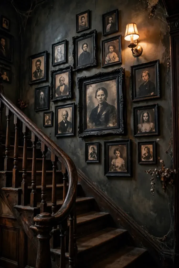 Haunted portrait gallery wall with black frames ascending beside stairs