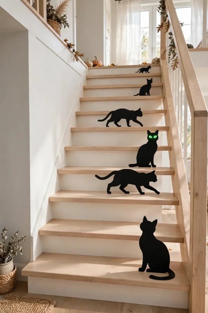 Black cat silhouette cutouts climbing light wooden stairs