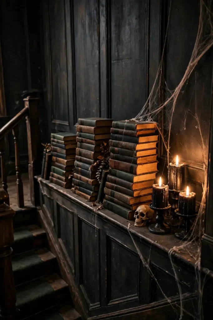 Haunted library vignette with stacked books skull and candles on a landing