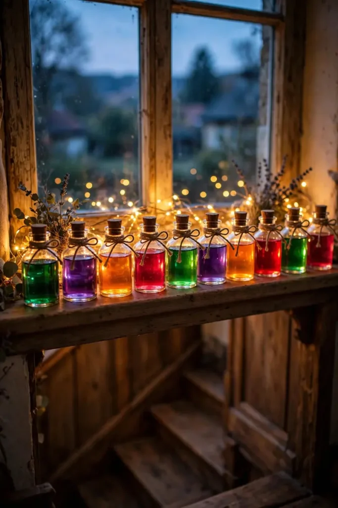 Colorful glowing potion bottles lined on a window ledge above stairs