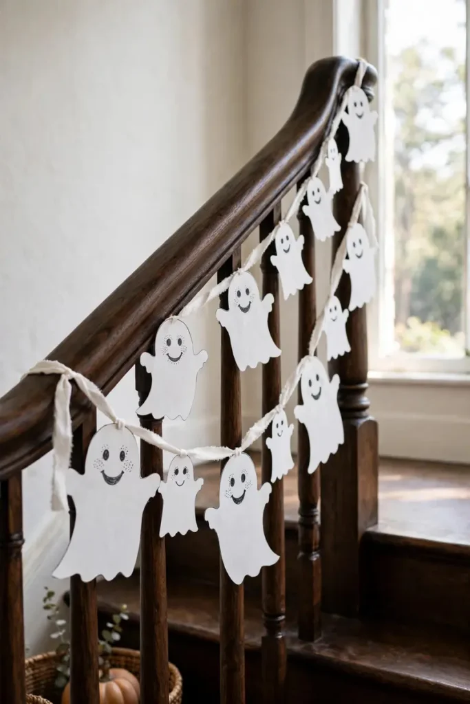 White paper ghost garland with smiling faces on a dark wood banister