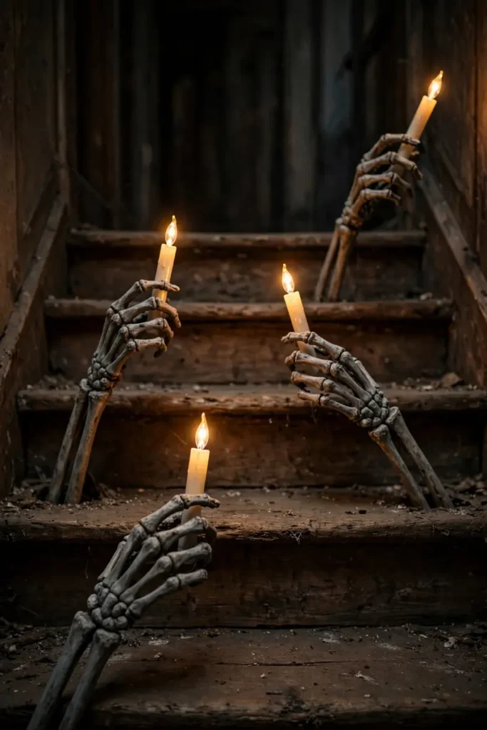 Aged skeleton hands holding LED taper candles on stair steps