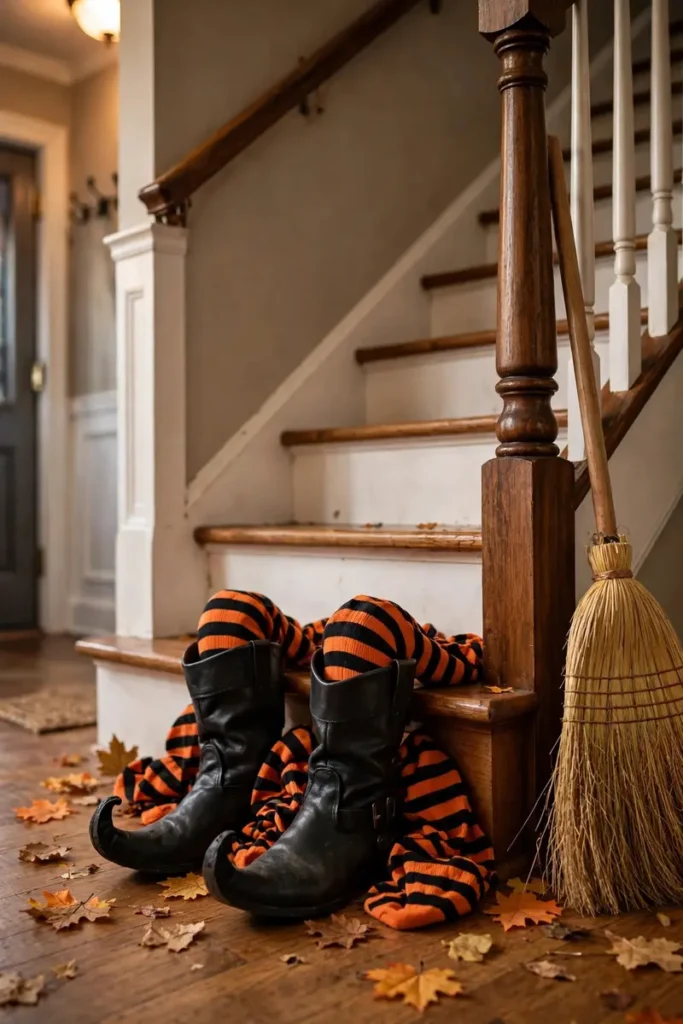 Witch boots with striped stockings sticking out from under bottom steps