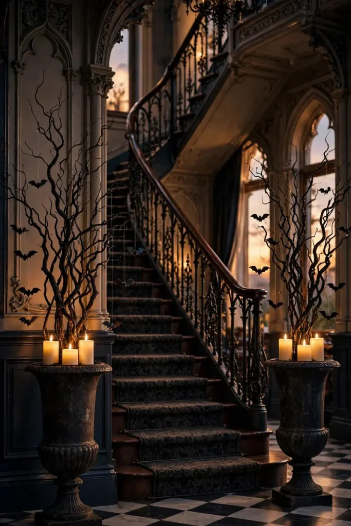Tall urns with twisted black branches flanking a staircase entrance