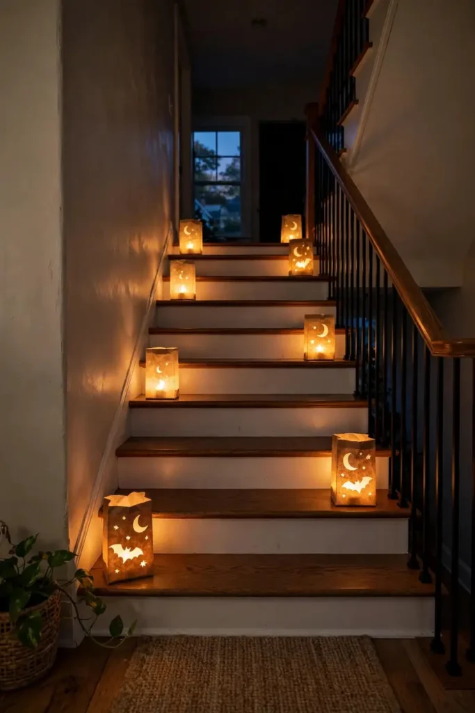 Glowing paper bag luminaries with bat cutouts trailing up every step