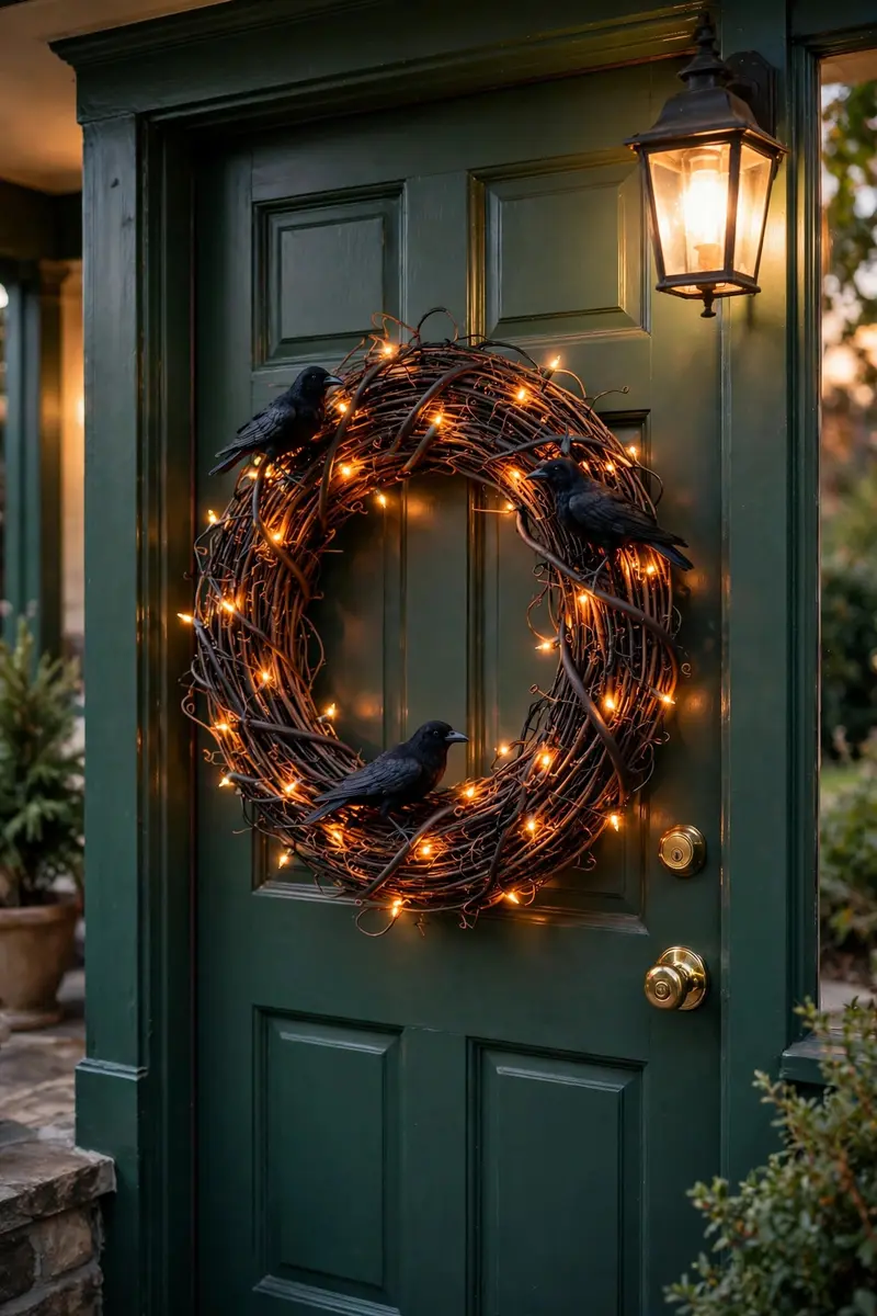 DIY Halloween wreath ideas — black grapevine wreath with glowing orange fairy lights on a dark green door