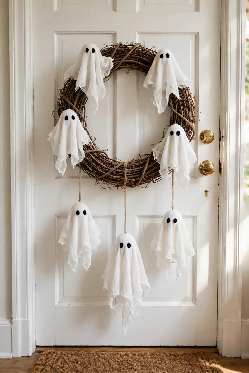 DIY Halloween wreath ideas — floating cheesecloth ghost wreath on a white front door