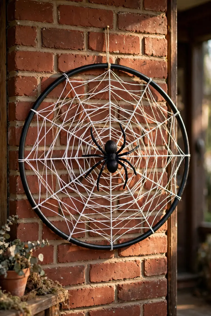 DIY Halloween wreath ideas — hula hoop spiderweb wreath with a large black spider