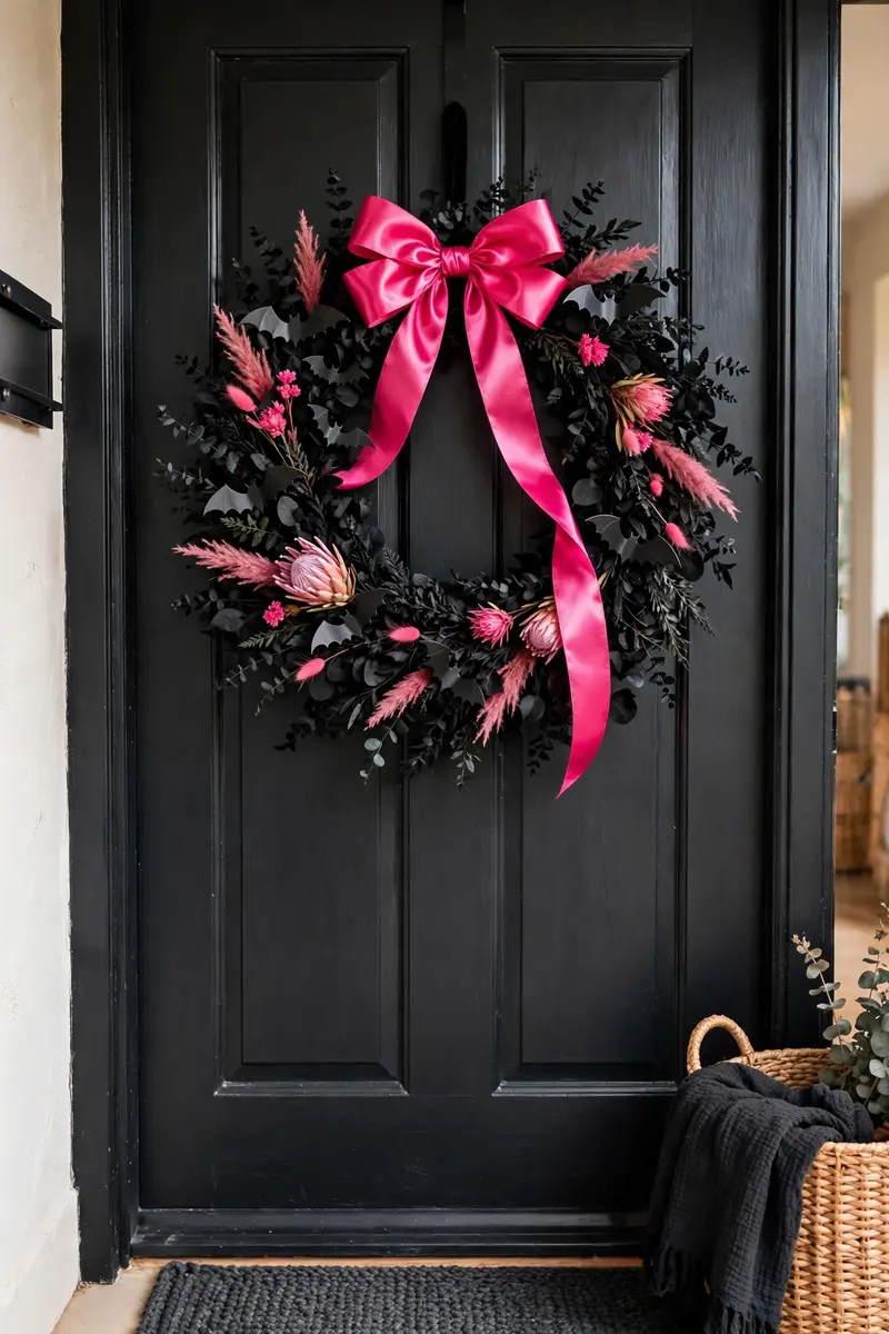 Hot pink and black bat Halloween wreath with satin bow on a matte black door