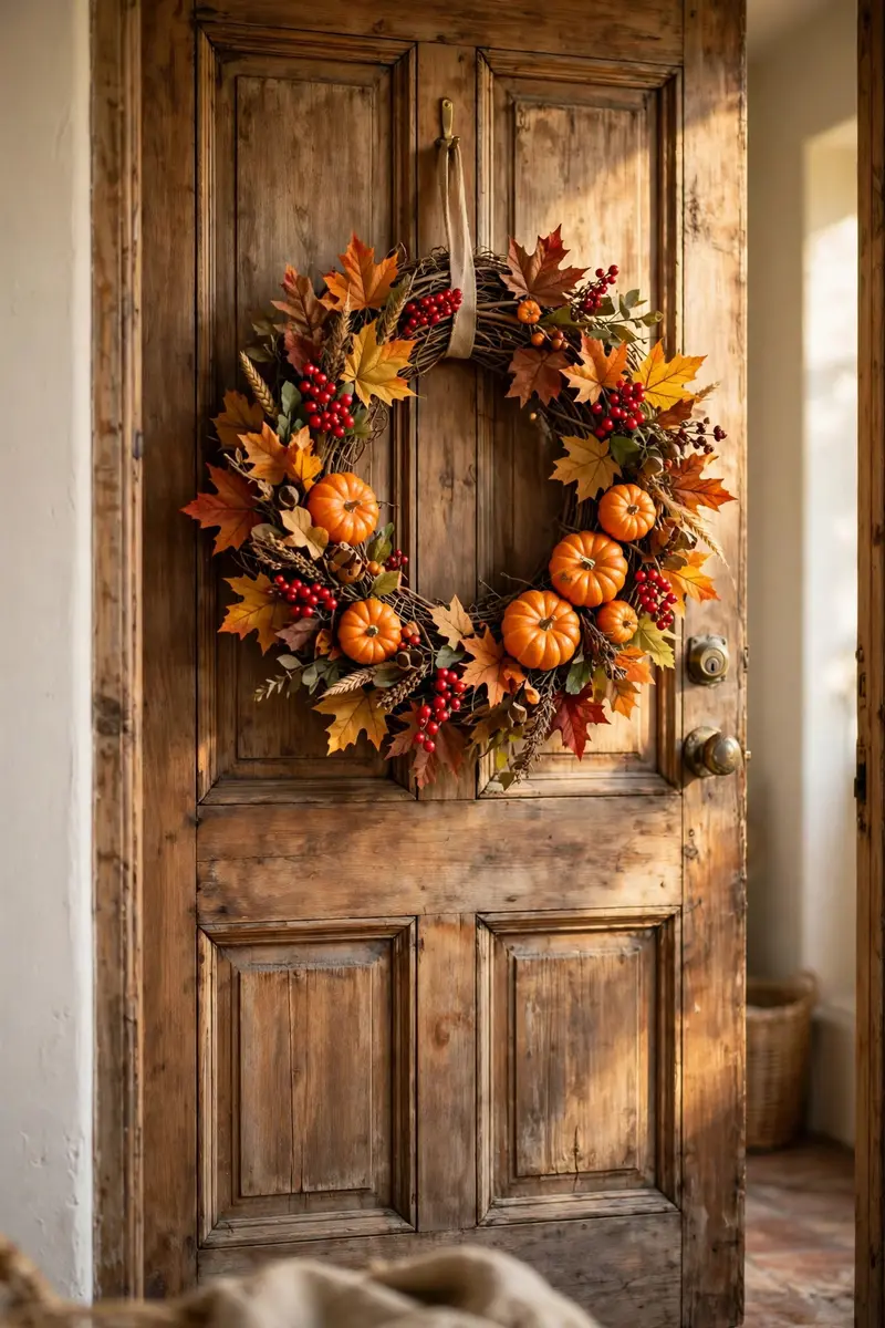 Harvest Halloween wreath with mini pumpkins and autumn leaves on a rustic wooden door