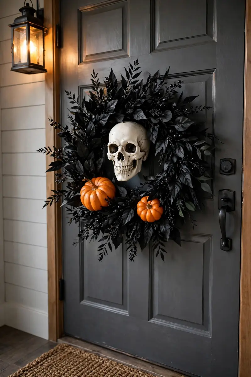 Skull centerpiece Halloween wreath with black foliage on a dark gray door
