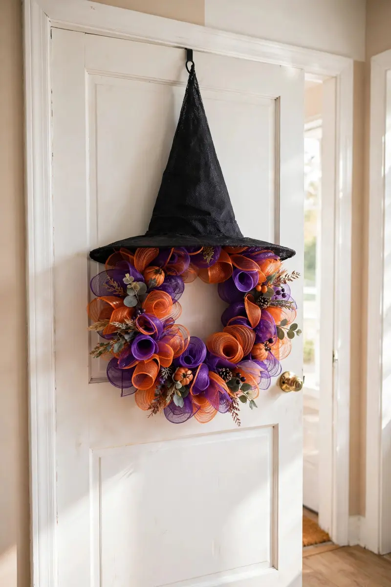 Witch hat shaped purple and orange deco mesh Halloween wreath