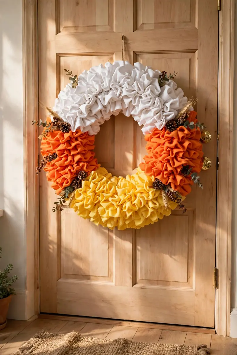 Candy corn color-block Halloween wreath in white orange and yellow
