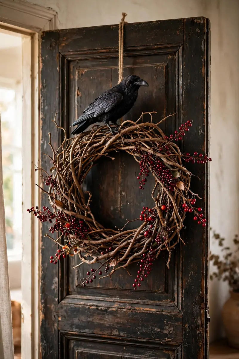 Black raven perched on a twig Halloween wreath with red berries