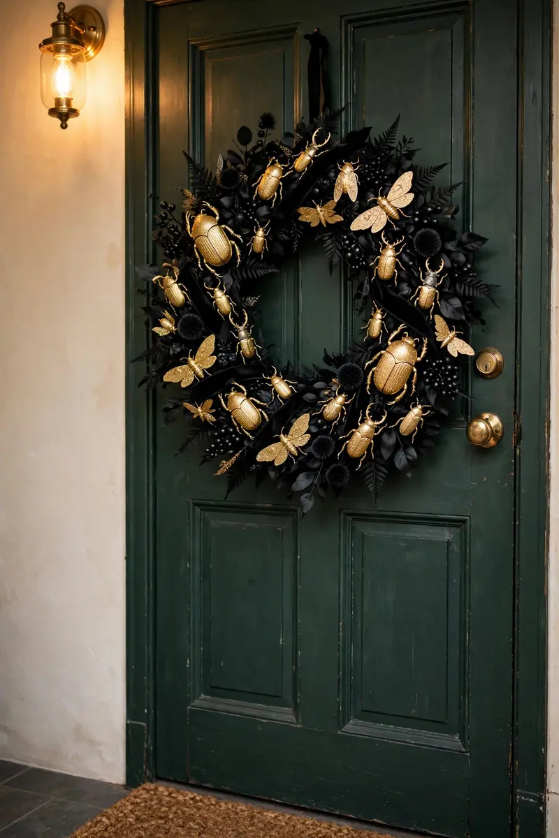 Black Halloween wreath decorated with glittery gold insects