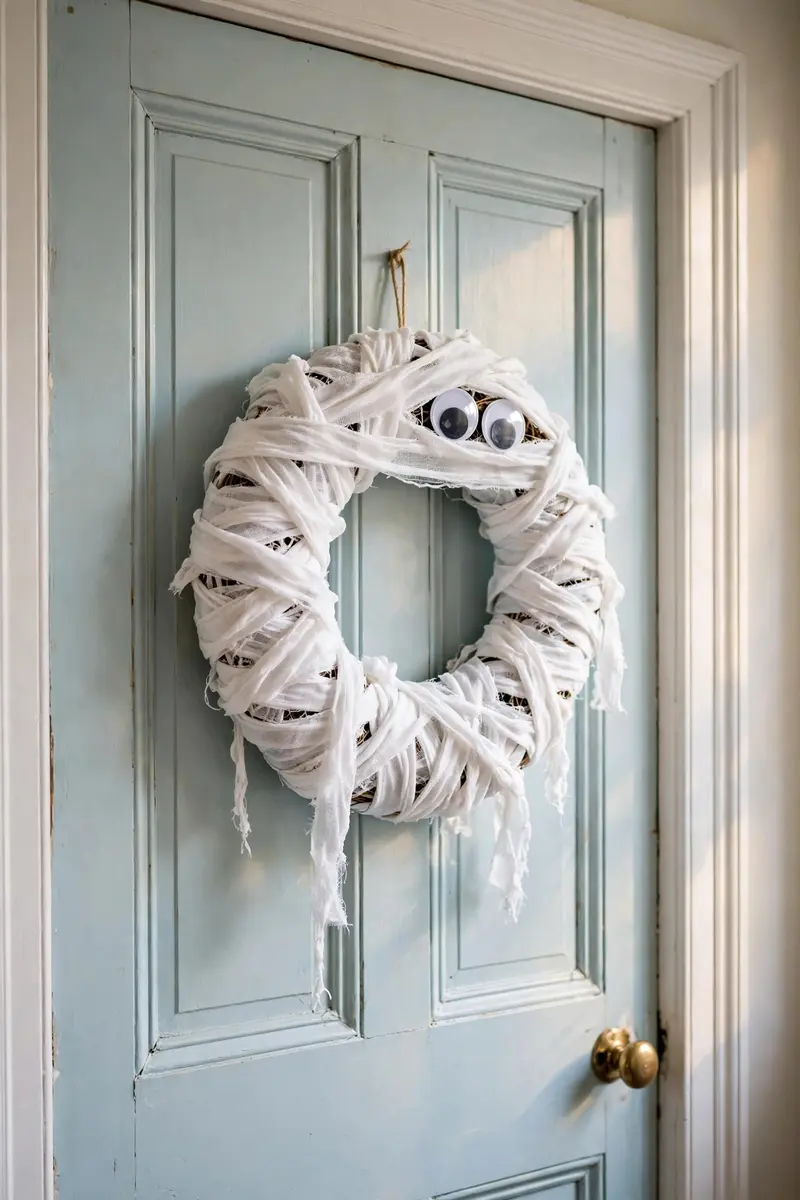 Mummy Halloween wreath wrapped in gauze with googly eyes