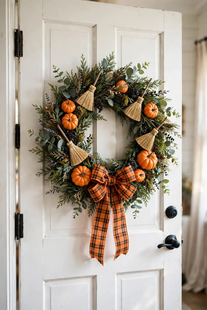 Farmhouse Halloween wreath with mini witch brooms and pumpkins