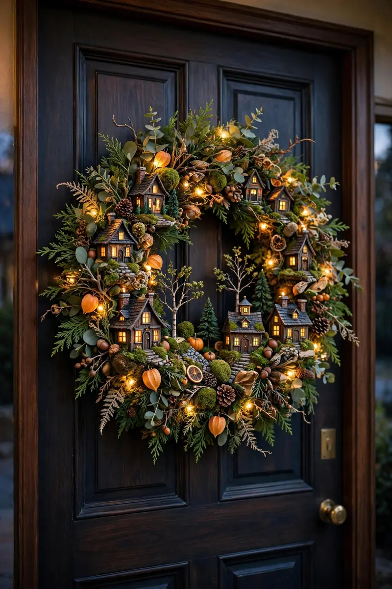 Haunted house village Halloween wreath with tiny glowing houses