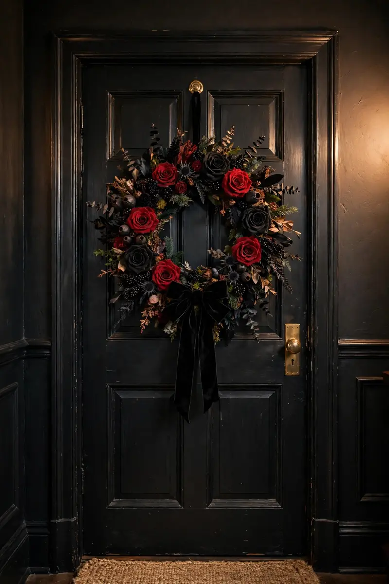 Gothic Halloween wreath of deep red and black roses