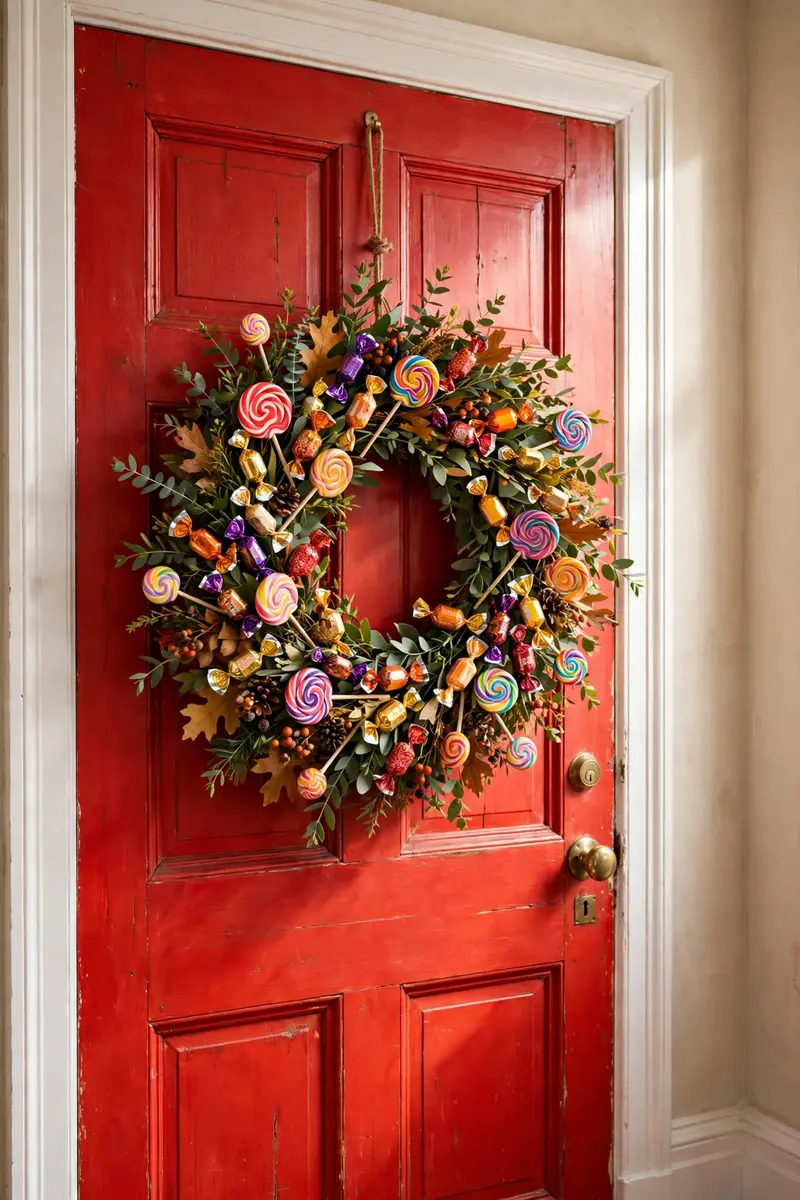 Trick-or-treat candy Halloween wreath with lollipops on a red door