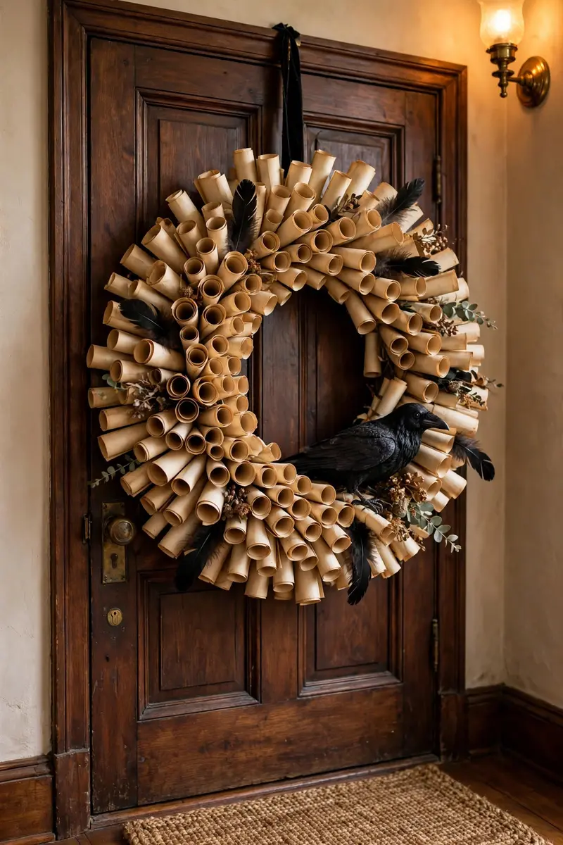 Rolled book page Halloween wreath with black feather, Poe style