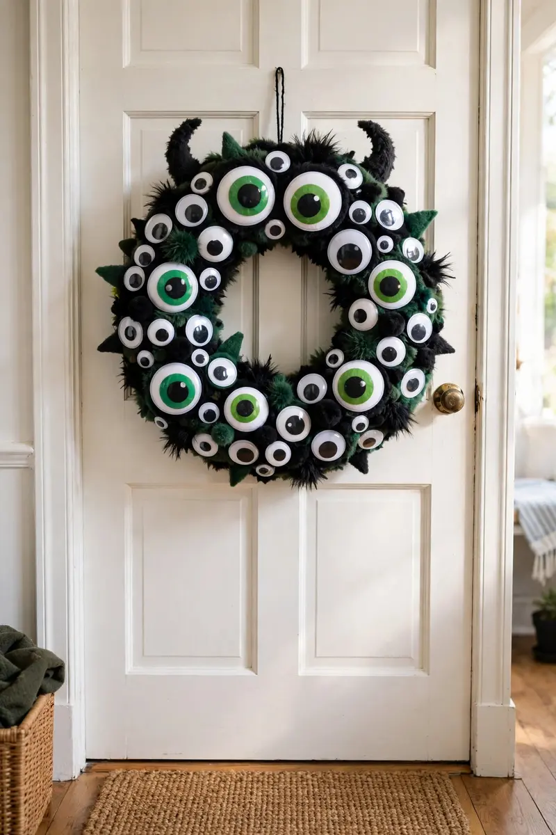 Monster Halloween wreath covered with giant googly eyes