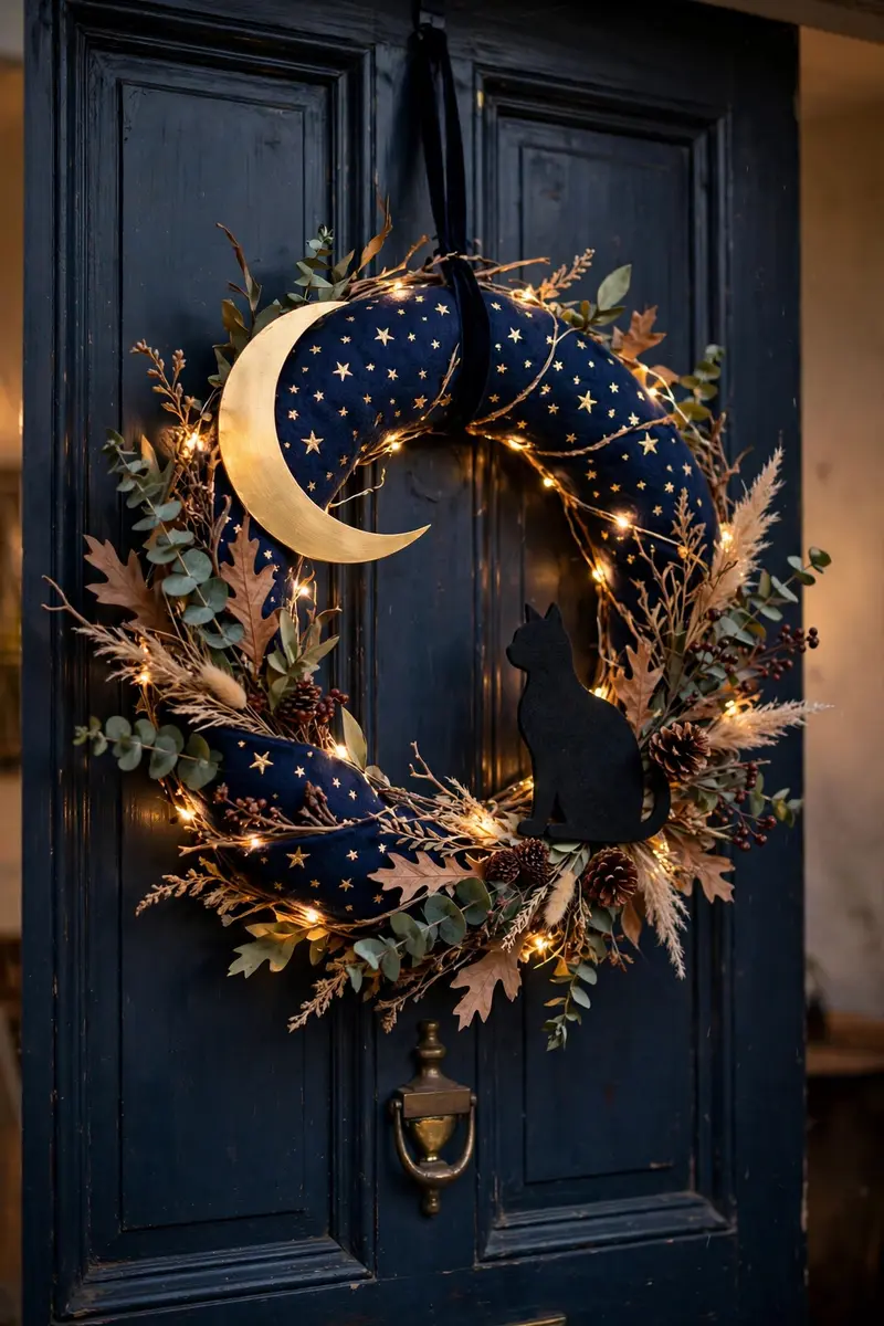 Black cat and crescent moon Halloween wreath on navy