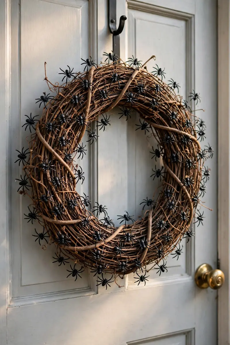 Spider swarm Halloween wreath covered with small black spiders