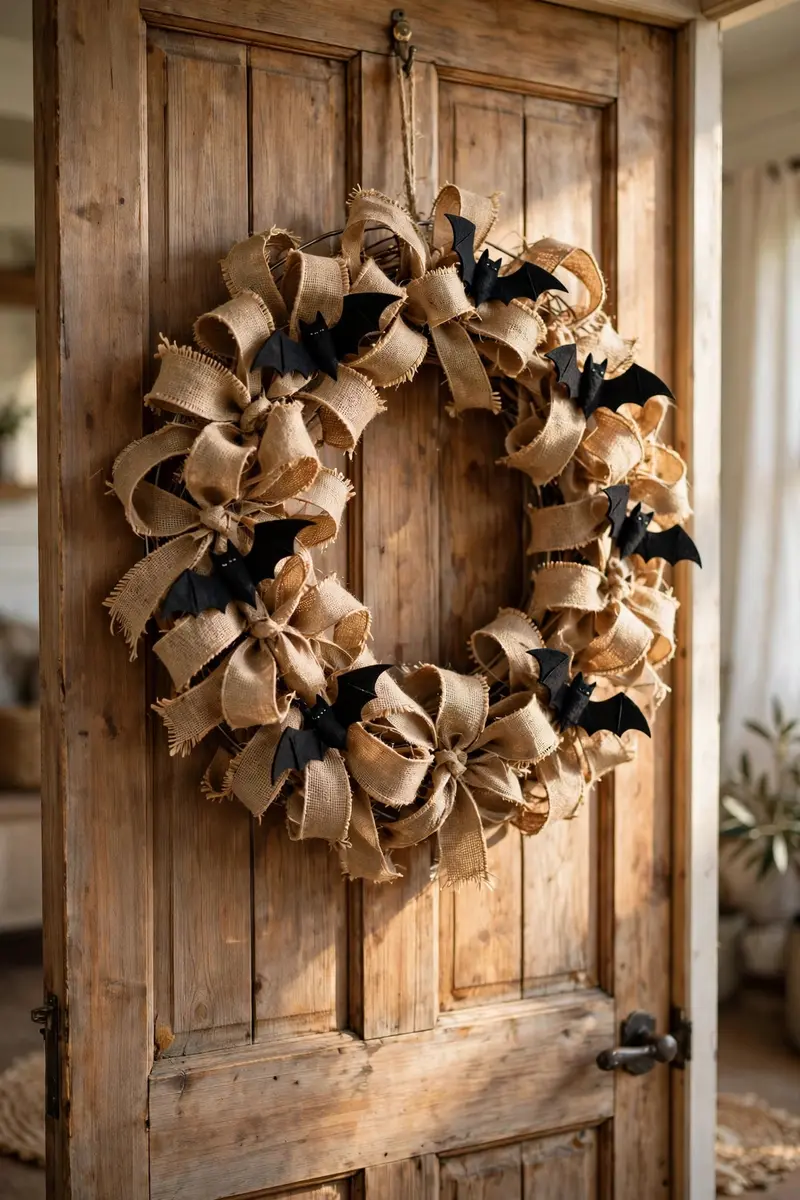 Burlap rag Halloween wreath with black felt bats
