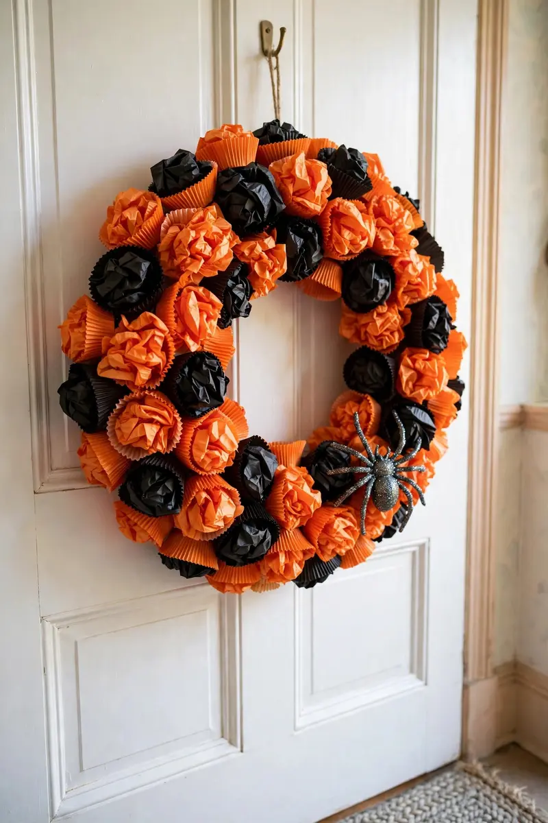 Cupcake liner puffball Halloween wreath in orange and black